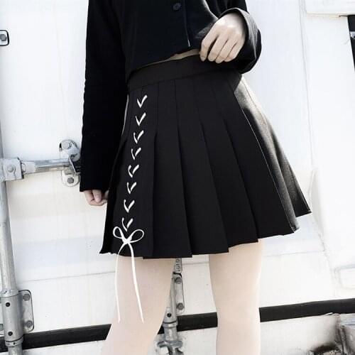 New Autumn Preppy Style Harajuku Punk Sweet Lace-Up Bow High-waisted A-shaped skirt Black Mini Short Pleated Skirt