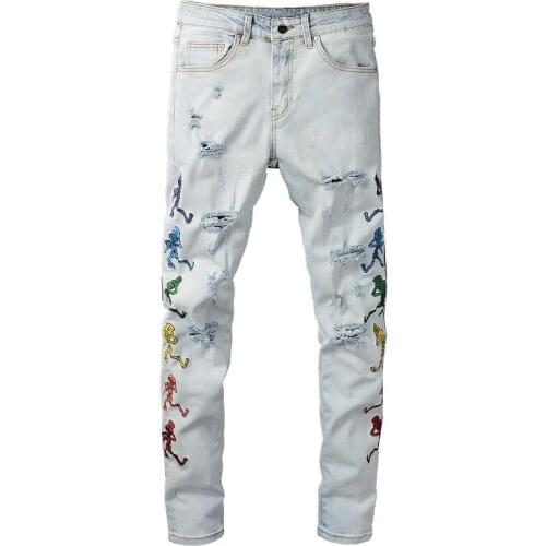 New Mens High Street Summer Male Light-colored Destroyed Washed Hole Jeans Skull Ghost Embroidered Pants Ripped Trousers 673