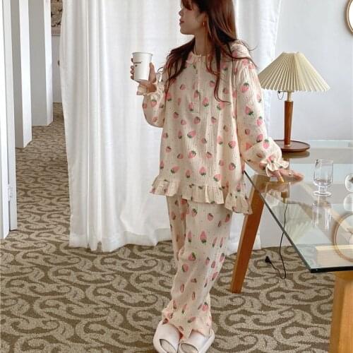 New autumn winter long sleeve pants pajamas suit women double-layer gauze cute strawberry home service comfortable pullover L472