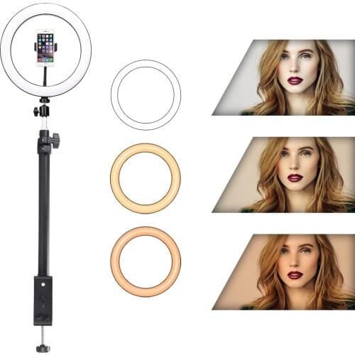 Adjustable 36-60cm Table Mount Clip Stand 10inch LED Ring Light Photographic Selfie Lighting for Smartphone Youtube Makeup Video