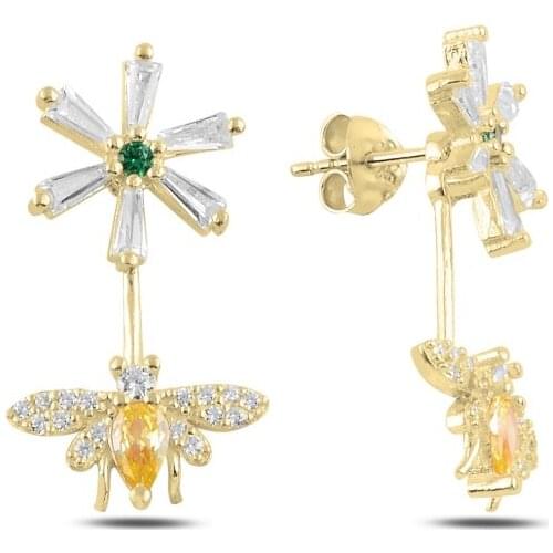 Silver 925 Sterling Bee & Flower Zircon Stone Earrings