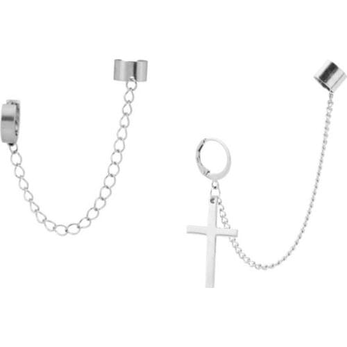 Cross Chain Earrings For Men Women Stainless Steel Hip Hop Punk Kpop Cool Ear Cuff Clip On Earrings Teens Boy Girl 2021 Jewelry