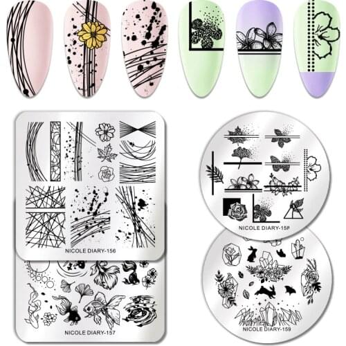 NICOLE DIARY Nail Stamping Plates Rectangle Geometric Line Flower Pattern Stainless Steel Nail Art Image Stamp Stencils Design