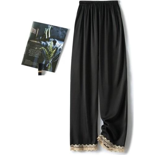 Female Spring Autumn Loose Pant Casual Trousers Black Nightwear Faux Silk Home Clothes Sweet Lace Trim Sleepwear M-XXL