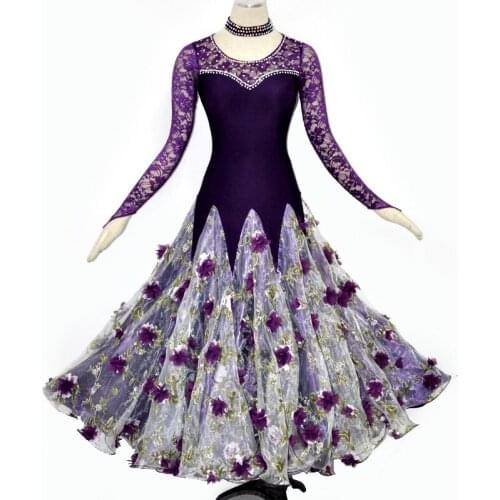 Lady Customize Ballroom Dance Dresses Waltz Tango Standard Flamenco Lace Dress Girls Performance Dancing Dress Diamond D-0387