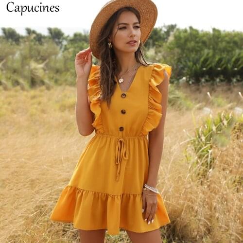 Capucines Boho V Neck Ruffle Trim Button Summer Dress Cap Sleeve Solid A Line Lace Up Mini Dresses for Women Casual Vestidos