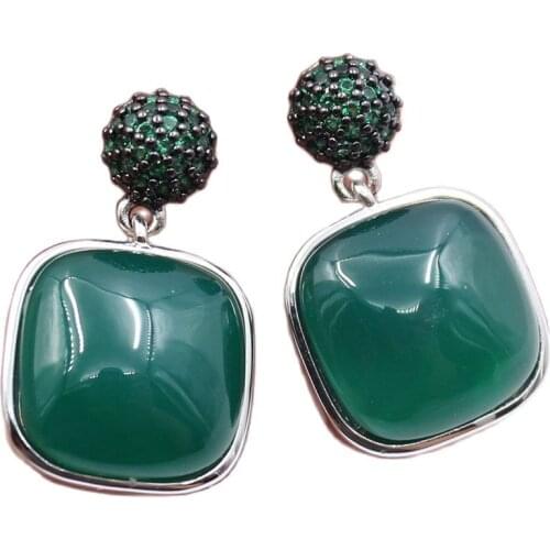 GG Jewelry Natural Square Green Agates 925 Silver Color Green CZ Paved Stud Earrings Handmade Cute For Women