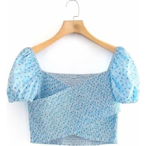 Women Crop Top Dot Print Square Collar Elastic Short Shirt Summer Casual Sweet Short Sleeve Blusas Mujer Camisas 2021