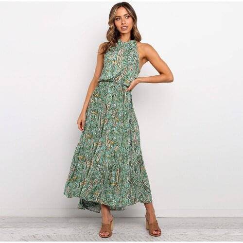 2021 Bohemian Style Summer Women Sexy Sleeveless A-line Print Maxi Dress Casual High Waist Vintage O-neck Long Boho Dress