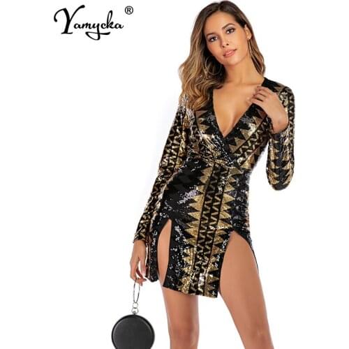 Sexy Black Gold Sequins party Dress women Long sleeve Split club Mini summer Dresses bodycon robe femme vintage dress vestidos