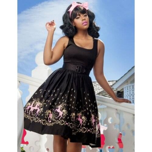 40- summer women vintage 50s Aurora Dancing Horses Dress in Black retro swing midi dresses plus size rockabilly pinup vestidos