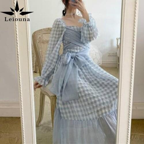 2021 Casual A-Line Long Sleeve Dress Women French Style Plaid Sweet Dress Ruffles Party Dress Womens Clothing Autumn Dress