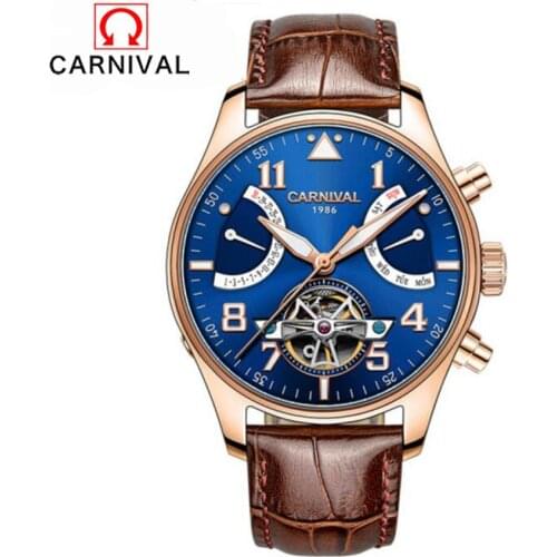 Relogio Masculino Carnivl Tourbillon Mens Watches Top Brand Luxury Waterproof 100M Men Watch Automatic Mechanical Leather Clock