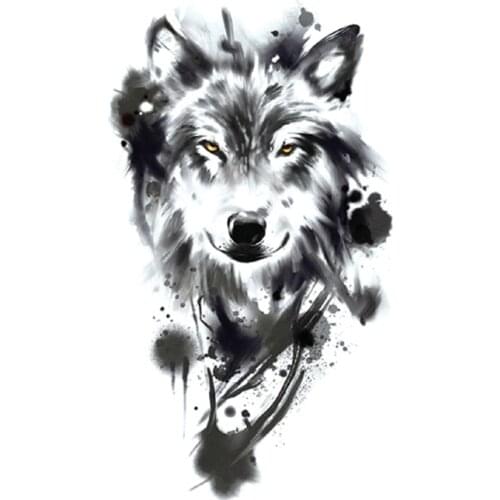 Ink Painting Style Temporary Tattoo Stickers Orange Eyes Wolf Design Fake Tattoos Waterproof Tatoos Arm Large Size for Women Men