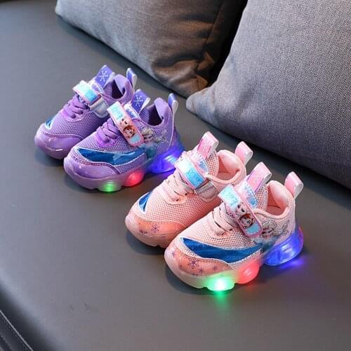 Disney Cartoon Children Frozen Aisha Princess Girls Non-slip Soft Sole Casual Shoes Student Shoes Sports Light Shoes LED