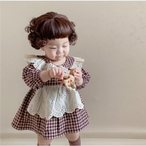 2021 Spring New 2pcs Toddler Kids Baby Girl Clothes Set Plaid Lace Jumpsuit For Girls Long Sleeve Bodysuit Sunsuit Outfits Hat