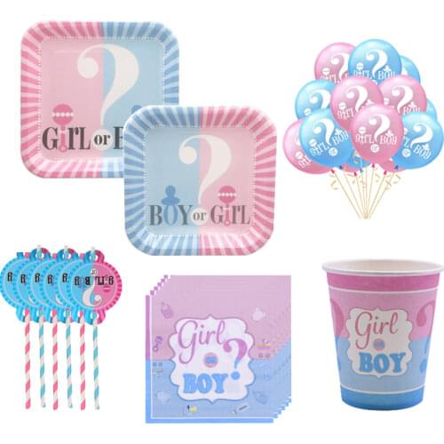 Baby Shower Theme Gender Reveal Paper Cups Plates Disposable Tableware Set Girl or Boy Birthday Party Decorations Supplies