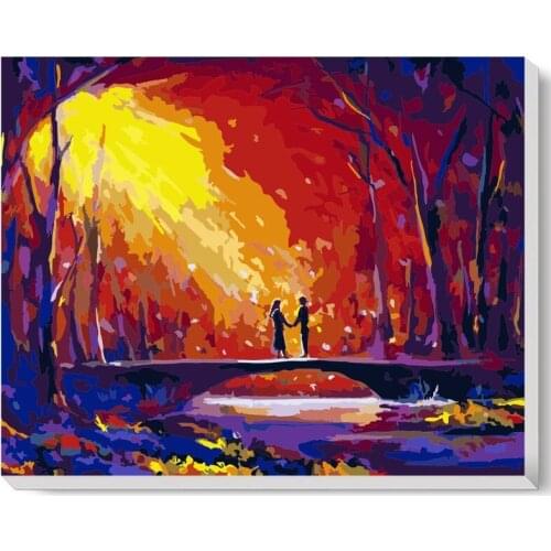 Lovers on Bridge in Forest at Night Paint by Numbers Oil Painting Abstract 16x20 Framed DIY Paint by Numbers Kit for Adults