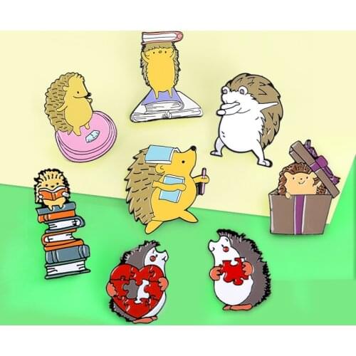 Hedgehog Brooches Enamel Pin Hedgehog Book Dance Weight Scale Reading Books Gift Love Puzzles Brooch Animal Jewelry Badge Pins