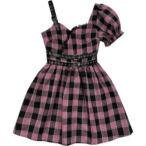 Harajuku Gothic Women Fashion Asymmetric Pink Plaid Bubble Sleeve Dress Female Lolita Temperament Slim Sweet Kawaii Dress