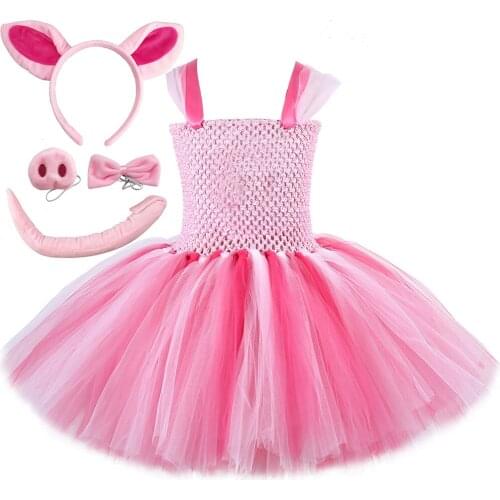 Halloween Costume Pink Pig Tutu Dress Set Cartoon Animal Cosplay For Kids Fancy Girls Birthday Party Tulle Princess Dress 1-14Y