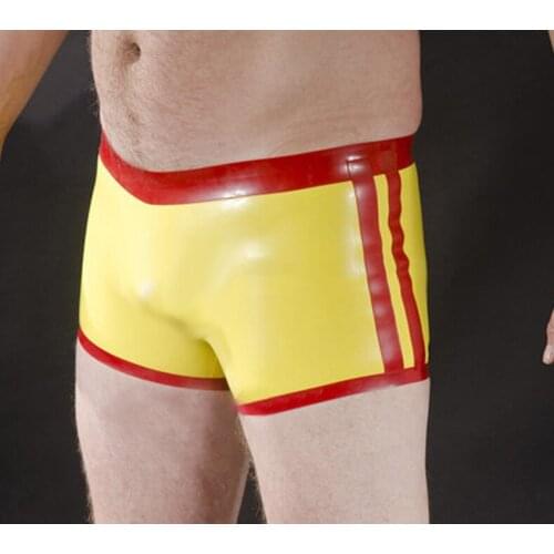 Mens yellow latex underpants with red trims (No zip) and made of 0.4mm thickness natural latex materials