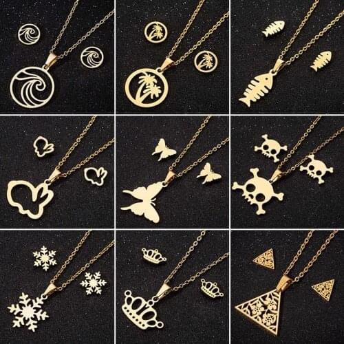 Stainless Steel Simple Necklaces for Women Fashion Skull Fish Crown Pendant Necklace Snowflake Earrings Christmas Jewelry Female