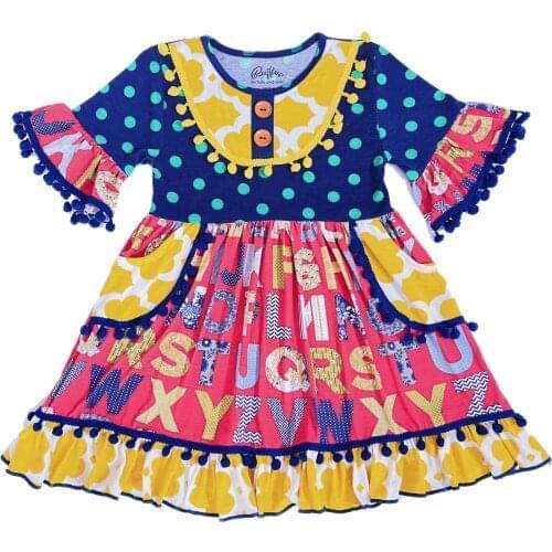 Navy top red letter pattern Girls dress with pocket Hot Sale New style orange flower Dress for kids girl present