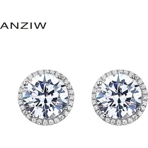 ANZIW Sterling Silver Round Cut Created SONA Diamond Fine Classic Stud Earrings For Women Jewelry Gifts