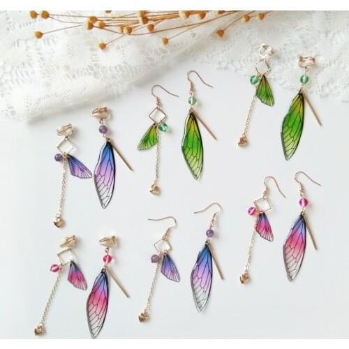 Temperament Fairy Long earrings Butterfly Wings Drop Earrings Dreamy Gradient Color Asymmetric Earrings Romantic Bridal Jewelry