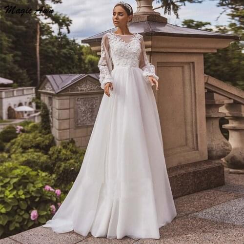 Magic Awn Long Sleeves Tulle Wedding Dresses Boho Flowers Appliques See Through Beach Country Mariage Gowns With Train Vestidos