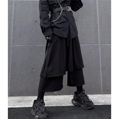 Dark wind loose fake two-piece skirt pants mens irregular wide-leg pants nine points casual pants