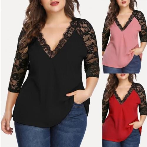Women Blouse Lace Patchwork V Neck Tops for Autumn Winter Female Loose Contrast Color 3/4 Sleeve Shirt Plus Size ropa mujer