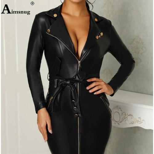 Women Sexy Pu Sheath Dresses Long Sleeve Synthetic Leather Dress Belted 2019 Autumn Winter Office Ladies Bodycon Party Dresses