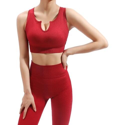 2PCS Seamless Yoga Sets Women Sports Suit Female Ribbed Gym Clothing Sports Bra High Waist Fitness Leggings Workout Set