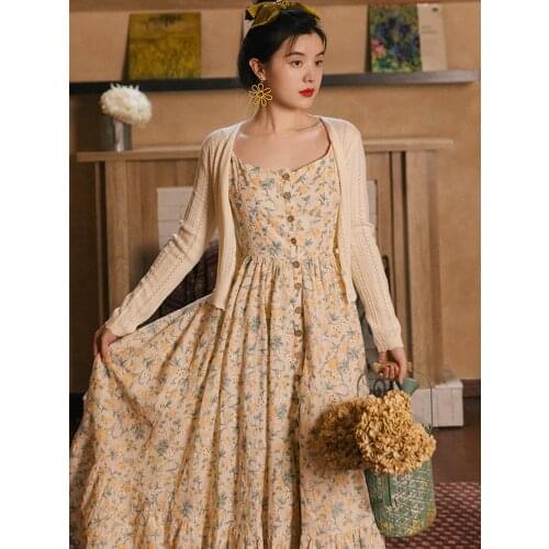 2 Piece Set Women Outfits Vintage Elegant Embroidered Floral Ruffled Sling Dress + Pure Color Knit Cardigan Jacket Spring Autumn