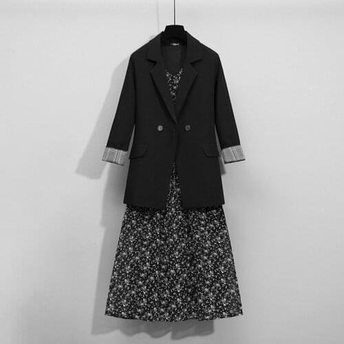 Large size womens dress 2021 spring dress new fat sister foreign style thin temperament suit coat floral dress suit