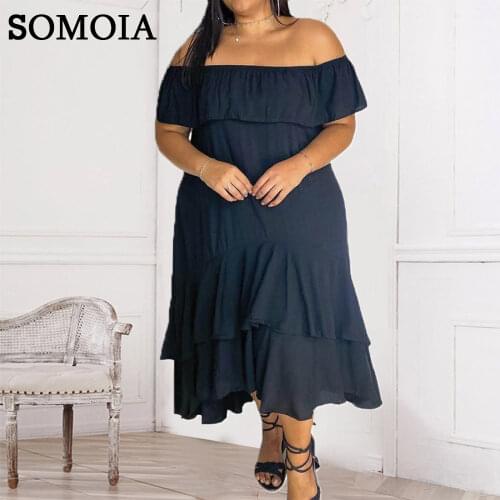 5XL Plus Size Dresses for Women Sexy Off Shoulder Slash Neck Loose Dress Sweet Ruffles High Waist Prom Dresses Wholesale Items