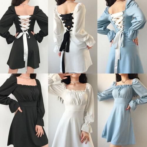 Women Ruffle Dress Mini Long Puff Sleeve Retro Bandage Party Gothic Lolita
