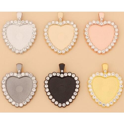 10pcs Silver Color Heart Rhinestones Pendants Tray Frame Blank Bezel Cameo Cabochon Base Setting 25mm for DIY Jewelry Making