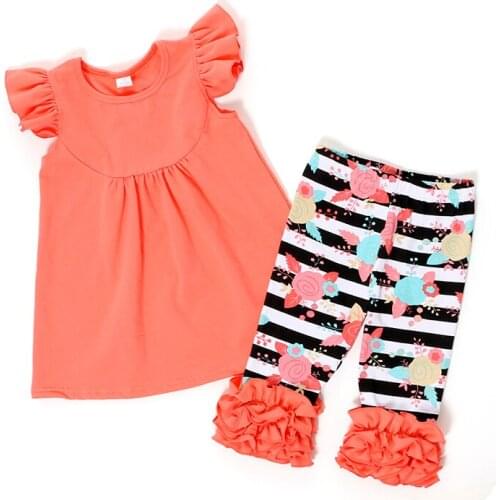 2017 Kids Clothing Set Peach Sprint Girls Clothing Set Summer Children Girls Ruffle Boutique Outfits Girls Ruffle Capris Suit