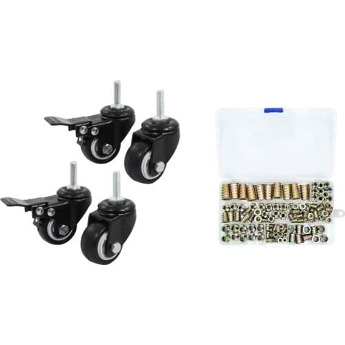 4X Shopping Wheel Trolley Brake Swivel Caster, 1.5-Inch, Black & 120 Piece Metric Thread Insert Nut Type Tool Kit