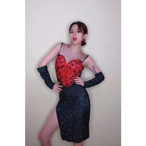 Nightclub Sparkly Red Rhinestones Fringe Dress Women Birthday Celebrate Prom Crystal Stones Skinny Dress Singer Dance Costume