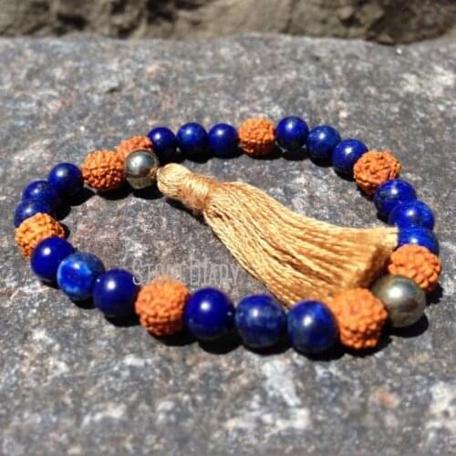 Blue Lapis Lazuli Rudraksha & Pyrite Bracelet Stacking 27 Bead Quarter Mala with Tassel Meditation Natural Earthy Bohe WMB20871