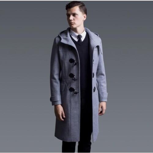 Black grey casual long wool coat men with a hood coats mens england horn button overcoats 2020 spring autumn plus size S - 6XL