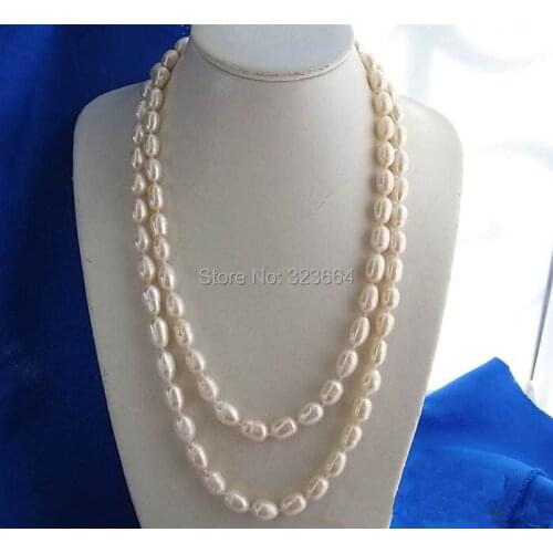LONG 50" 14MM WHITE RICE FRESHWATER PEARL NECKLACE