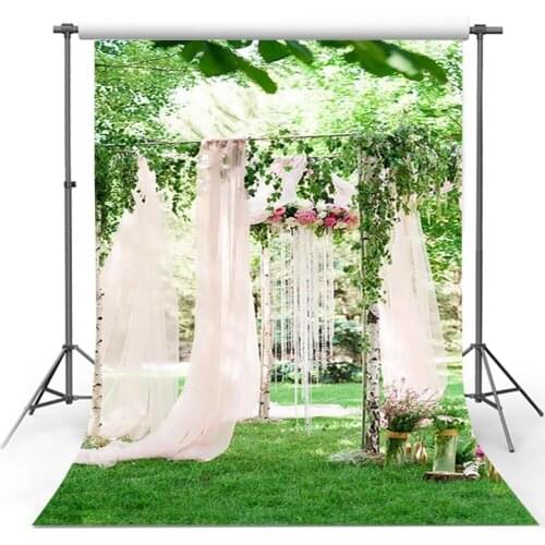 Green Spring Flower Tree Curtain Cage Romantic Grass Wedding Outdoor Scene Background Photography Backdrop Photo Studio