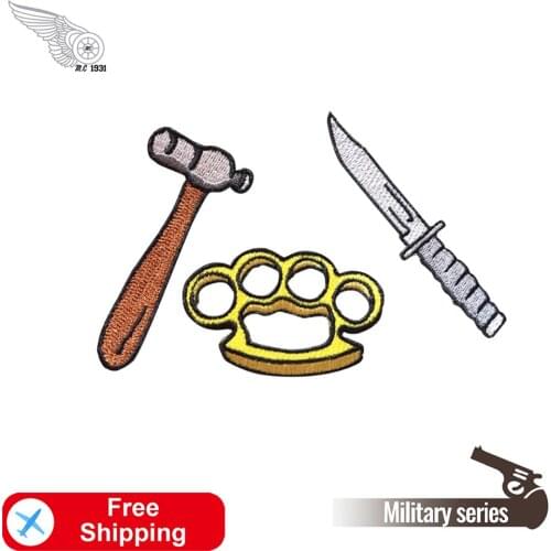 Knife Hammer Mini Embroidery Patches for Clothing T-shirt Iron on Stripes Appliques Clothes Biker Jackets Badges Free Shipping