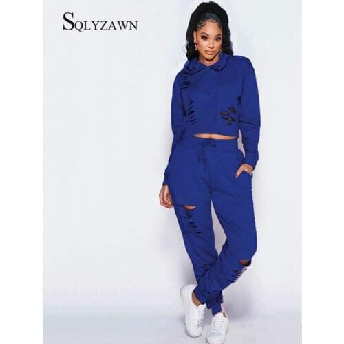 Fashion Black Blue Ripped Sport Two Piece Pants Set Women Autumn Winter Hooded Sweatshirt + Jogger Black Blue Tracksuit Outfits