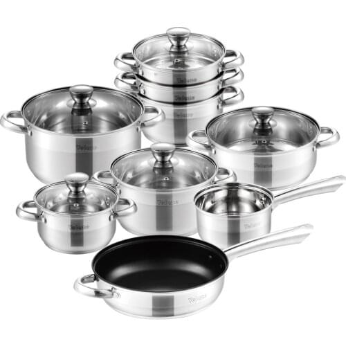 Velaze Cookware Set Stainless Steel 14-Piece Induction Kitchen Cooking Pot&Pan Set,Saucepan,Casserole,Steamer,Frypan,Glass lid